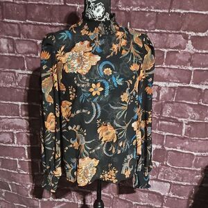 Flying Tomato Floral Print Long Sleeve High Neck Sheer Blouse CLEARANCE